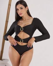 Women's Long Sleeve Bodysuit With Asymmetrical Gold Hoop Neckline Suplex Elegant Mid-Season Winter - 黑色 - 查看 2