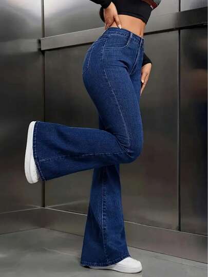 Jeans Acampanados de Tiro Alto para Mujer - Pantalones de Campana de Denim Elástico Azul Marino Elegante con Diseño Clásico de Cinco Bolsillos, Tejido de Poliéster Cómodo para Uso Diario