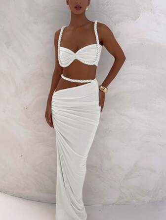 Sexy Backless Camisole Vest, Bodycon Pleated Skirt Set