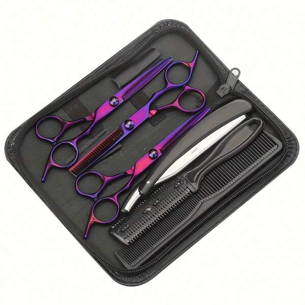 Juego de 7 piezas de peluquería profesional - Cortadora vibrante, tijeras y juego de tijeras para desfilar con estuche negro, ideal para todo tipo de cabello - Accesorios de calidad de salón para barberos y estilistas en casa