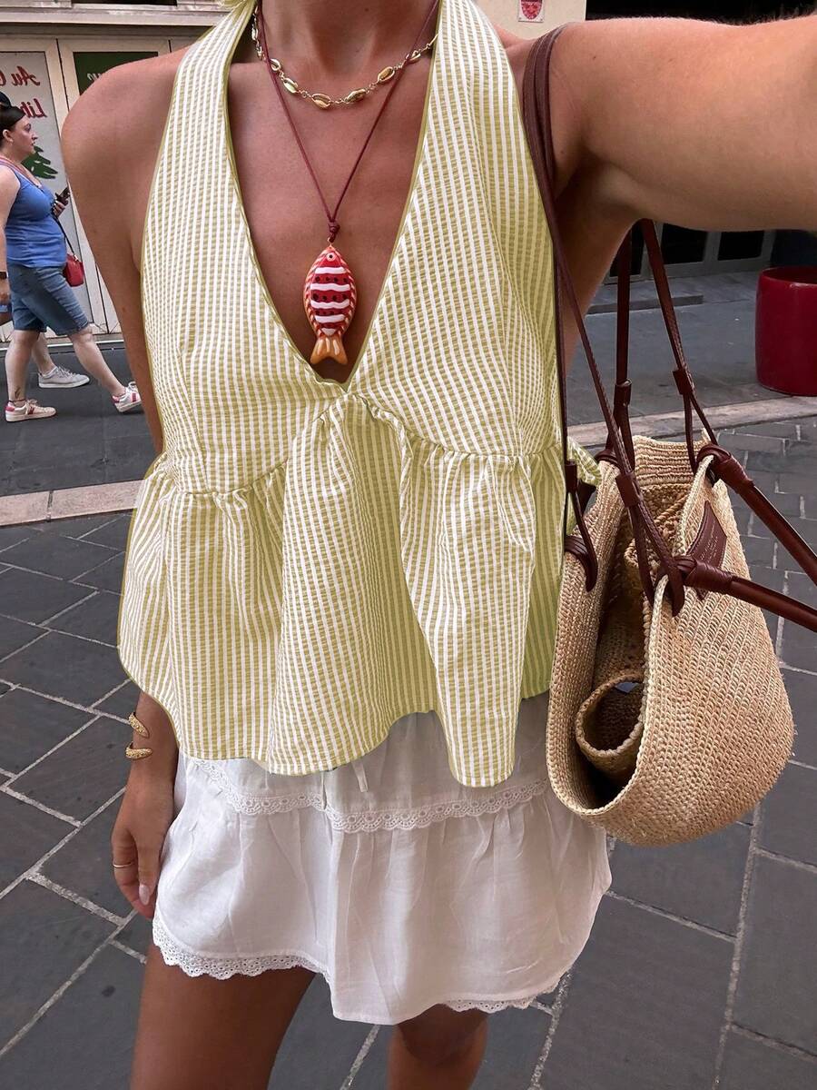 Women Y2k Babydoll Tank Top Cute Tie-Up Halter Neck Sleeveless Peplum Top Vintage Plaid Backless Cami Tank Top Coquette Summer Streetwear - 黃色 - 查看 1