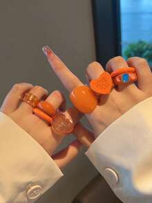 8pcs Heart & Circle Women's Fashion Stacking Rings Set, Orange Tone, Personalized Rings Jewelry Gifts Suitable For Female, Students, Girls, Friends, Daily Wear, Party, Travel