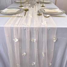 1pc Pearl Flower Tulle Table Runner, Pearl Chiffon Fabric, For Wedding Table, Bridal Shower, Bridal Veil, Birthday Party Decor