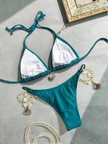 Bikinx Set de bikini cu cupă triunghiulară de vară pentru femei. Set de costum de baie pentru plajă - Verde albastrui - Vizualizare 4