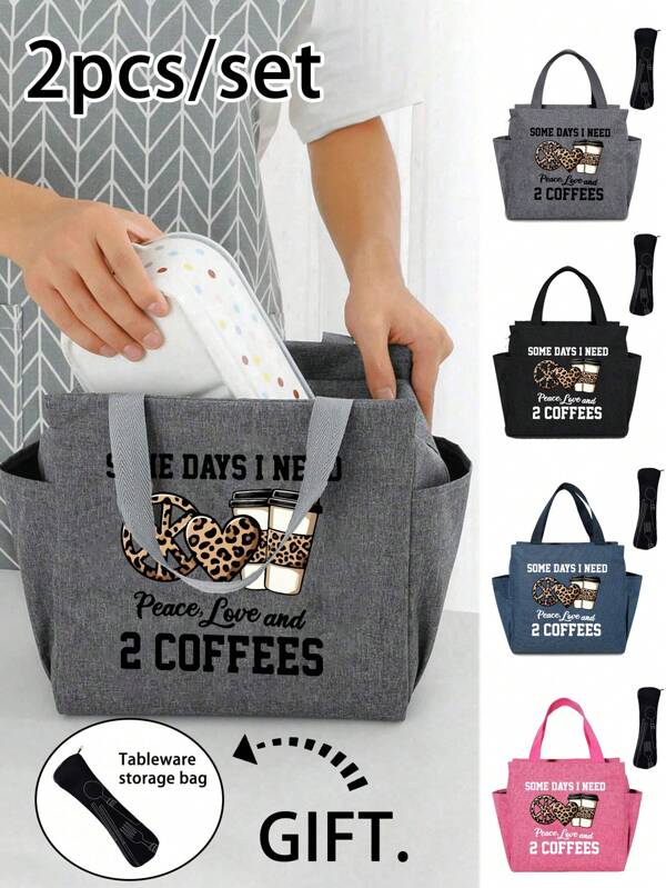 Printed With Leopard Print Hearts And Coffee Patterns Thermal Bag,Lunch Bag With The Interesting Letters' Some Days I Need Peace, Love And 2 Coffees' Paired With A Black Cutlery Storage Bag, Reusable,A Double Pocket Lunch Box Bag Bag For School School Accessories School Stuff