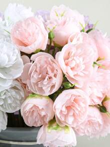 27 têtes de fleurs / 9 tiges / bouquet, camélias artificiels, une tige avec trois fleurs, fausses fleurs avec bord brûlé, roses, pivoines, fleurs de thé, accessoires pour photo de mariage, petit bouquet de décoration pour la maison, ornement, accessoires pour photo de mariage, petit bouquet de décoration pour la maison, décoration de table de salon à la maison, composition florale DIY pour la décoration de la proposition, décoration de salle à manger et de salon à la maison