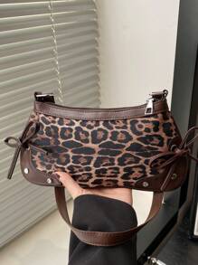 Bolsa de ombro feminina elegante, de cor sólida, com rebites simples e estampa de leopardo, ideal para compras, carteiras, compras, jovens mulheres, estudantes universitárias, recém-chegadas e trabalhadoras de colarinho branco. Ideal para escritórios, universidades, trabalho, negócios, deslocamento diário, atividades ao ar livre, viagens e passeios.