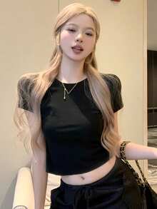 新款黑色蝴蝶镂空短袖时尚休闲上衣 - 黑色 - 查看 5