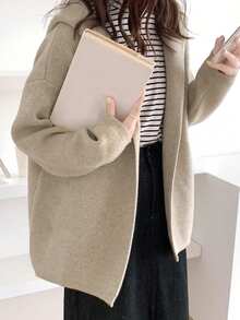 Alicedudu Women's Minimalist Style Hooded Loose Cardigan Jacket, Autumn/Winter - Apricot - View 5