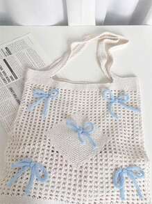 Y2k Bag Baby Pink Bows Pattern Knitted Handbag Foldable Hollow Out Design Crochet Bag Medium Vacation Beige Beach Travel Bag Large Capacity Knitted Hobo Handbag Shoulder Purse For Teen Girls Women College Students,White-Collar Worker,Casual Vacation, Beach Bag, Shoulder Bag, Tote Bag, Cute Bow Bag For Women