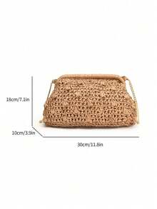 1pc Crease Woven Handbag, Solid Color Hand-Woven Straw Clutch Bag, 2025 Summer New Beach Vacation Shoulder Bag - Khaki - View 10