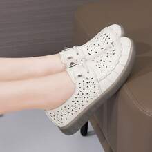 Women's Leather Slip On Hollow Out Flats, New Summer Casual Soft Bottom Shoes, Breathable Loafers