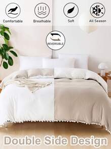 1 pieza Funda de edredón reversible de poliéster blanca y caqui con pompones y borlas, funda de edredón moderna de estilo bohemio y rústico elegante para uso en todas las estaciones en el dormitorio
