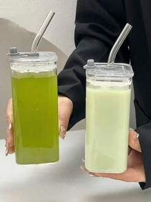 Square Heatproof Glass Cup With Lid And Straw: Suitable For Bubble Tea, Coffee And Juice - Made Of Durable Glass