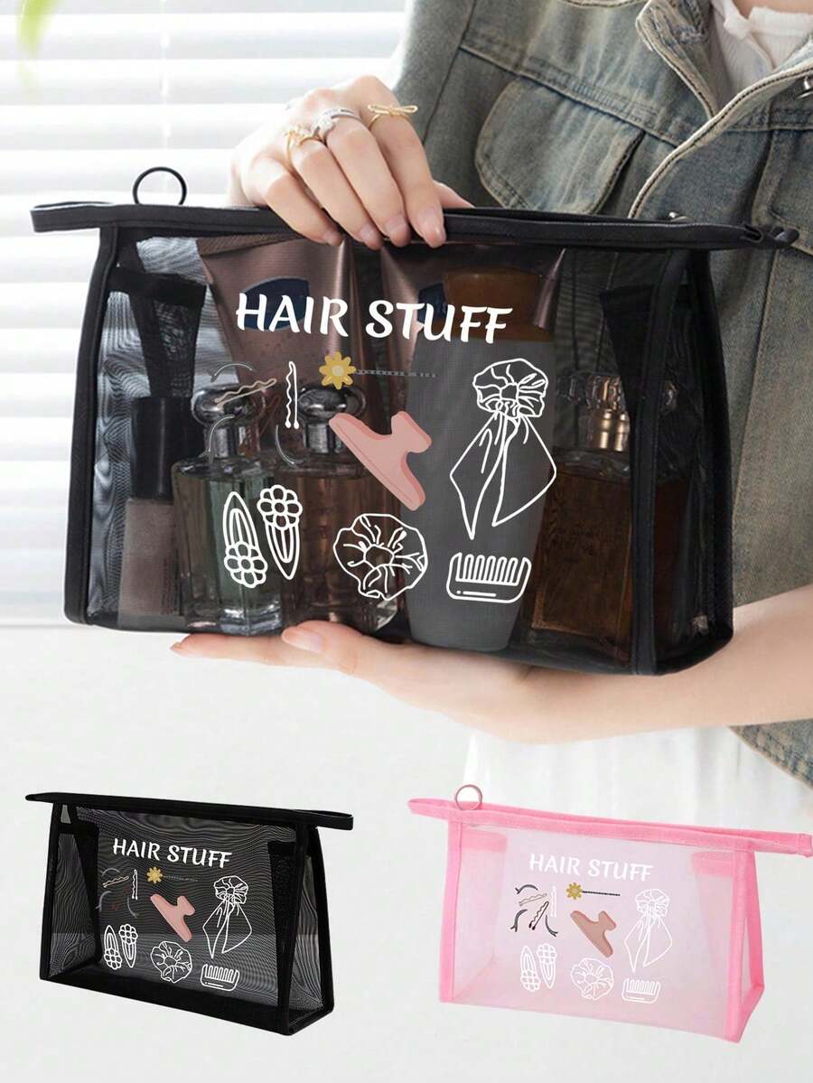 Larger Capacity Mesh Cosmetic Bag Printed With Letters 'Hair Stuff' And Hair Accessory Pattern, Multifunctional Cosmetic Pouch, For Clips, Headbands, Red Air Cushion Storage Portable Storage Bagtravel Essentials Vacation Summer Holiday Back To School School Stuff Bag For School Travel Bag For Women Makeup Bag For Travel - Multicolor - View 1