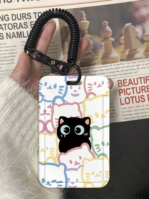 1 peça porta-cartões estilo ins com desenho de gato fofo, tipo slide, porta-cartões de estudante, porta-cartões de ônibus, crachá de trabalho, capa protetora com corda para pendurar no pescoço, material escolar, volta às aulas