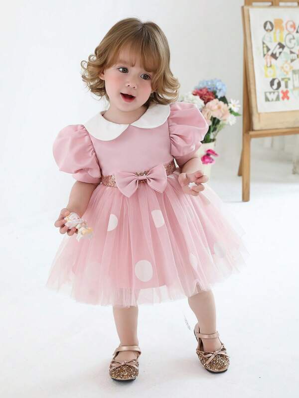 Baby Girls Polka Dot Puff Sleeve Bowknot Tulle Pink Elegant Princess Dress, Suitable For Girls Birthday Party, Anniversary, Wedding, Banquet, Festival Celebration
