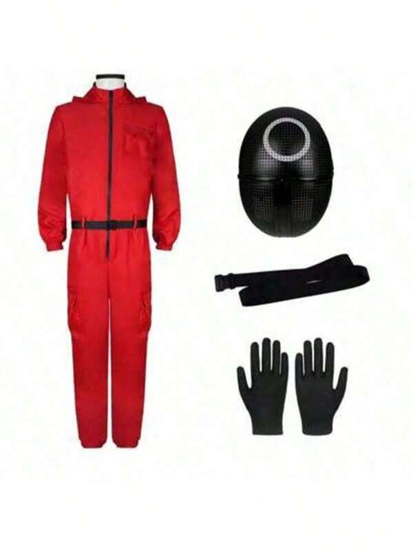 Combinaison rouge avec capuche, déguisement de Squid Guard Game, déguisement pour homme et femme, costume coréen, personnage d'émission de télévision d'Halloween, combinaison rouge avec gants noirs et masque rond/triangle/carré