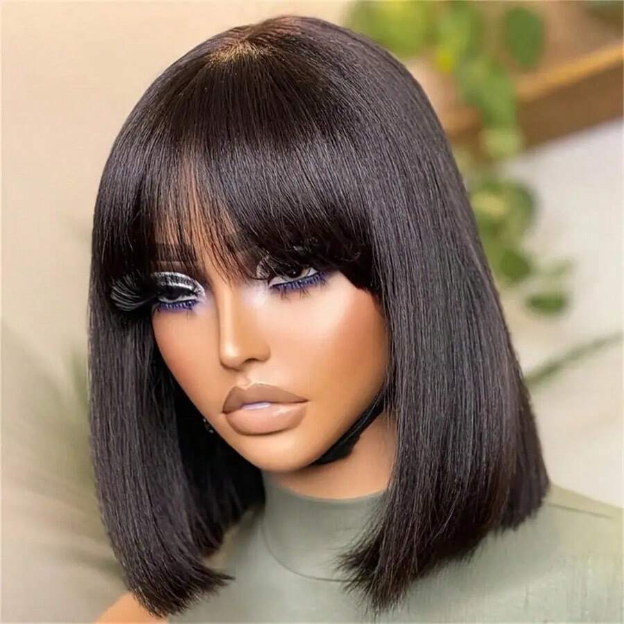 Straight Wig With Bangs Full Machine Made Wigs Synthetic Hair Wig Wear And Go Wig 200% Density Non Lace Front Wig For Women Short Bob Straight Glueless Bangs Wig Natural Black Color With Bangs For Women Daily Wear/Special Events