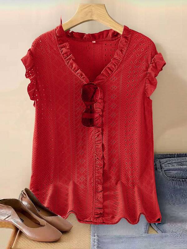 Women's Fashion Hollow Sleeve Ruffle V-Neck T-Shirt