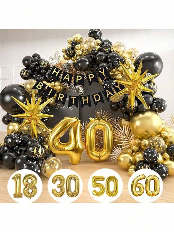 18th 21th 30th 40th 50th 60th 70th Birthday Balloons Garland Arch Kit, 106pcs 5/10/12/18inch Confetti Black Gold Thickening Latex Balloons With Happy Birthday Banner , 32inch Figure 18 30 40 50 60 And Starburst Foil Balloons For Men & Women Party Decorations Supplies