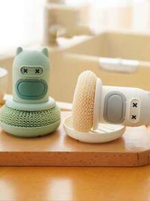 1 set Brosse de cuisine en pot style dessin animé avec pression automatique. Brosse de nettoyage et d'élimination des taches de pot mignonne.