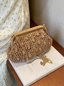 1pc Crease Woven Handbag, Solid Color Hand-Woven Straw Clutch Bag, 2025 Summer New Beach Vacation Shoulder Bag - Khaki - View 6