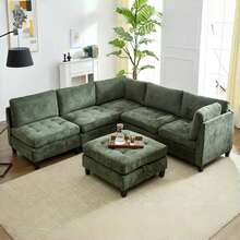 Advwin Oversized Modular Sectional Sofa, 5/6/7/8 Seat Plush Chenille Couch With Storage Ottoman & Thick Cushions, Modern Comfy Convertible L Shaped Sleeper Sofa Bed For Living Room, Green - 綠色 - 查看 3