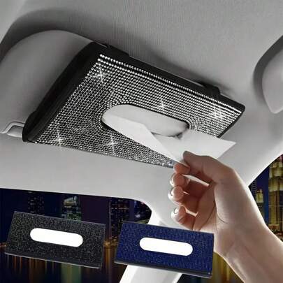 1 علبة مناديل للسيارة مزخرفة بالألماس الاصطناعي، علبة مناديل للشمسية الخاصة بالسيارة، حقيبة مناديل بلمسة من الراين بلوري، علبة مناديل من جلد PU مرصعة بالكريستال الاصطناعي