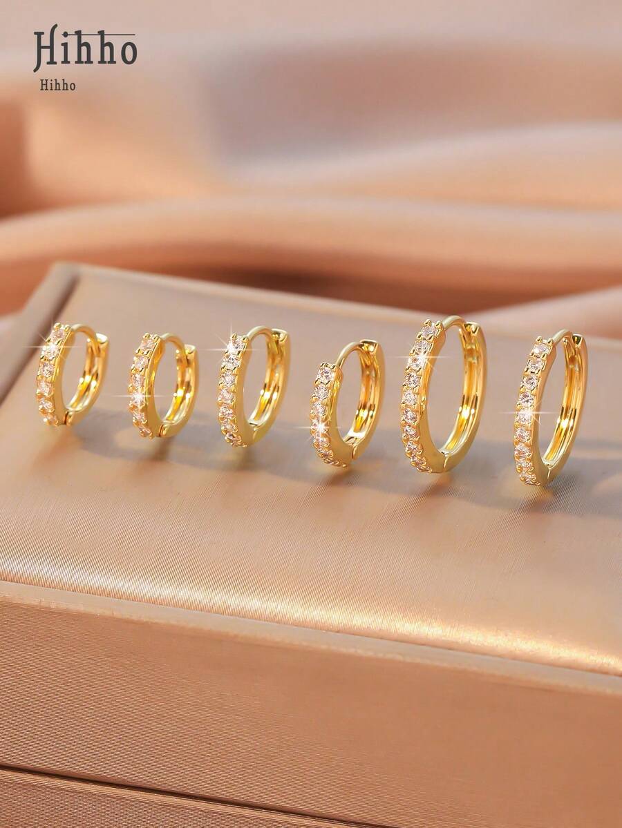 Hihho 6pcs Classic And Elegant Shiny Cubic Zirconia Inlaid Round Hoop Earrings Set For Women, Dating Gift, Large Medium Small