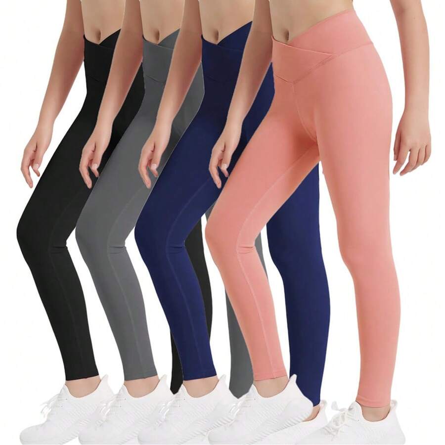 EXARUS 4 Pack Girls Leggings Kids Yoga Pants Crossover V Waist Ankle/Full Length High Waisted For School Casual Dance - SET6 - 查看 1