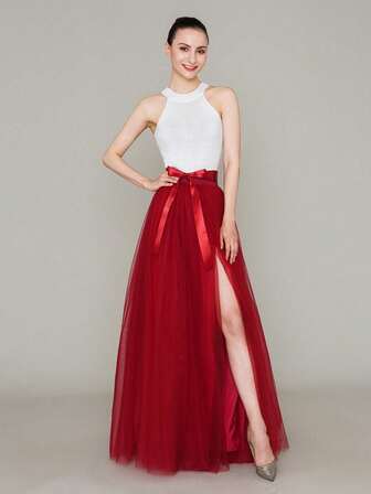 1 Pc Split Long Floor Length Maxi Tulle Skirt With Ribbon For Halloween Cosplay Prom Party Evening Black Dark Green Purple White