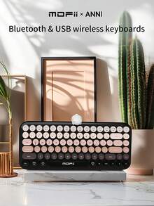 Teclado inalámbrico ergonómico Mofii Bluetooth de 84 teclas con teclas redondas retro, diseño de oso adorable, compatible con Windows/Android/iOS - Degradado de negro a rosa - degradado negro y rosa - Ver 2