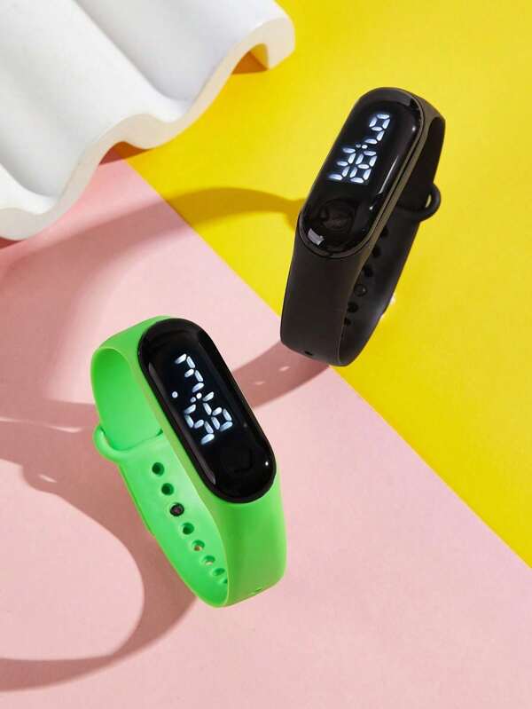 2pcs/Set Luxury Carbon Black & Green LED Digital Display Kids' Electronic Watch, Minimalist Fashion, Suitable For Middle & Primary School Students, Great For Gifting On Holidays And Birthdays