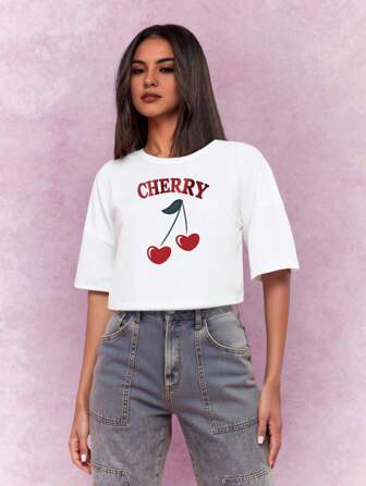 Cherry Print Babydoll Crop White Women Y2K Kawaii Graphic Tee For Beach