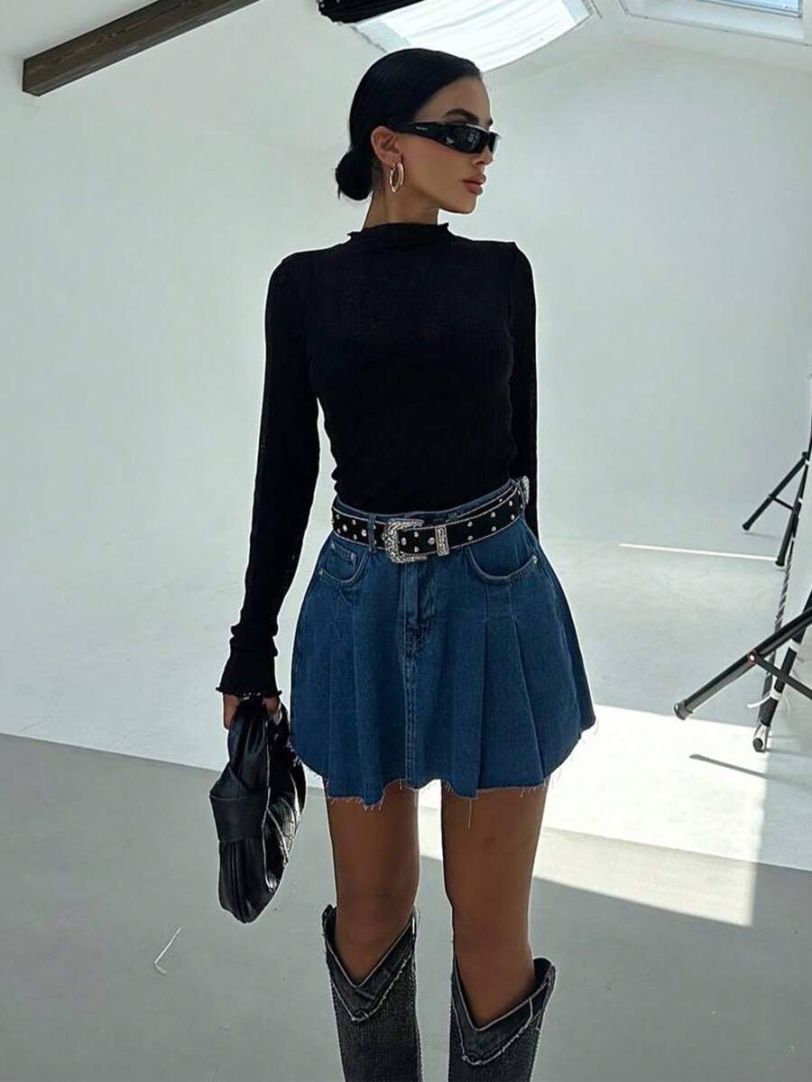 SQUALO Minifalda de mezclilla plisada para mujer, elegante y sexy