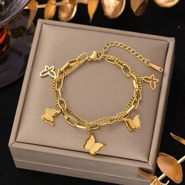 1pc Romantic Stainless Steel Double-Layer Butterfly Charm Bracelet, Suitable For Women's Daily Wear Or As A Gift