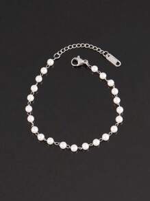 1 pièce Bracelet en acier inoxydable 3/4mm avec de fausses perles blanches pour femmes. Bijou avec chaîne de perles simples et mode (le nombre de perles est aléatoire)