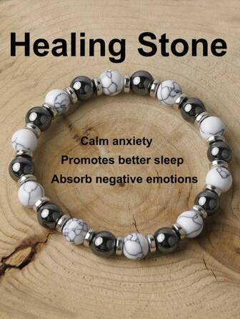 YAUKIA 8mm White Turquoise Hematite Energy Protection Bracelet Healing Meditation New Beginnings Good Luck Bracelets For Men Women