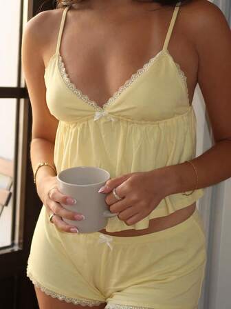 Vacation Yellow Two Pieces Suits Casual Lace Patchwork Shorts Sets Sweet Shirring V-Neck Camisole Mini Shorts Loungewear Suits Fall Clothes