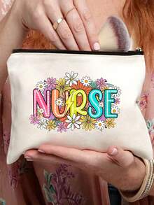 Cosmetic Bag, Cute Retro Minimalist Fashion Letter Print Storage Bag, Gift For Girls, Small Item Storage Cosmetic Bag, Christmas Cosmetic Storage Bag, Toiletry Bag, Clutch, Lightweight Foldable Storage Bag, Minimalist Shopping Bag, Suitable For Personal Travel Cosmetics Storage, Christmas Gift, Minimalist Travel Storage Bag, Solid Color Cosmetic Bag, Christmas Gift, Travel Essential, Vacation, Summer Holiday, Back To School, School Supplies Bag, Travel Bag, Women's Travel Cosmetic Bag - Beige - View 1