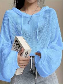 Plus Size Women's Elegant Knit Pullover Sweater With Drawstring, Loose Fit Long Sleeve Solid Color Hoodie, European Style, Suitable For Spring And Autumn