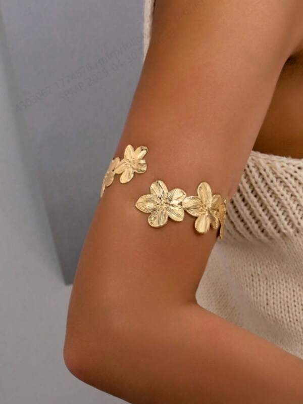 1pc Elegant Fashion Metal Flower Arm Cuff Bracelet For Women, Suitable For Daily Wear And Vacation