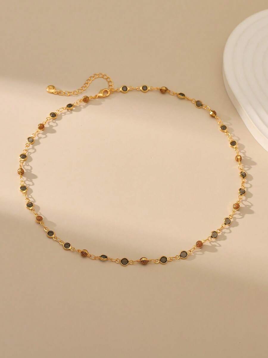 1 件波西米亚复古奢华锆石链项链，女士日常珠宝 - 棕黑色 - 查看 1