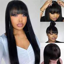 Straight Wig With Bangs Human Hair Glueless Machine-Made Wig 200% Density Pre-Plucked Natural Hairline & Breathable Cap For Women Lightweight & Beginner-Friendly No Glue Need Wig For Daily, Party & Work - Natural & Black - View 7