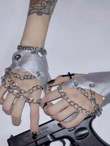 1 双 Y2K 朋克风格链条露指手套，性感前卫舞者表演者角色扮演配饰仿皮半指袖套