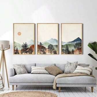 3pcs Optional Frame Modern Mountain Wall Arts Posters Watercolor Nature Mountain Print Posters Landscape Set Printed Art Painting Living Room Decor ,Wall Art With Frame