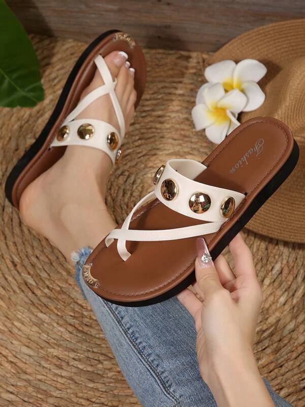 Fashionable Versatile Toe Ring Solid Color Bohemian PU Leather Rivet Flat Sandals For Women, Beach, Party, Holiday, Summer