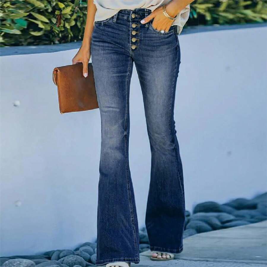High Waist Bell Bottom Pants Stretch Slimming Jeans Women's Bell Flare Trousers Jeans Vintage Loose Blue Washed Y2k Trousers - Blue - View 1