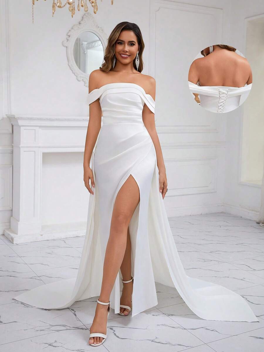 White Elegant Satin One Shoulder Backless Sexy Tie Waist Extra Long Floor-Mounting Wedding Party Wedding Dress, Bridal Gown - White - View 1